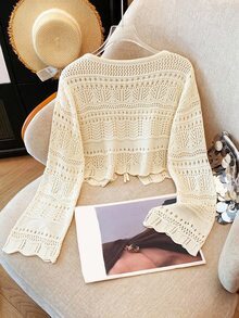 SHEIN Franclia New Solid Color Hollow Crochet Sun Protection Cardigan Women Versatile Outerwear Knit Cardigan - Apricot - View 2