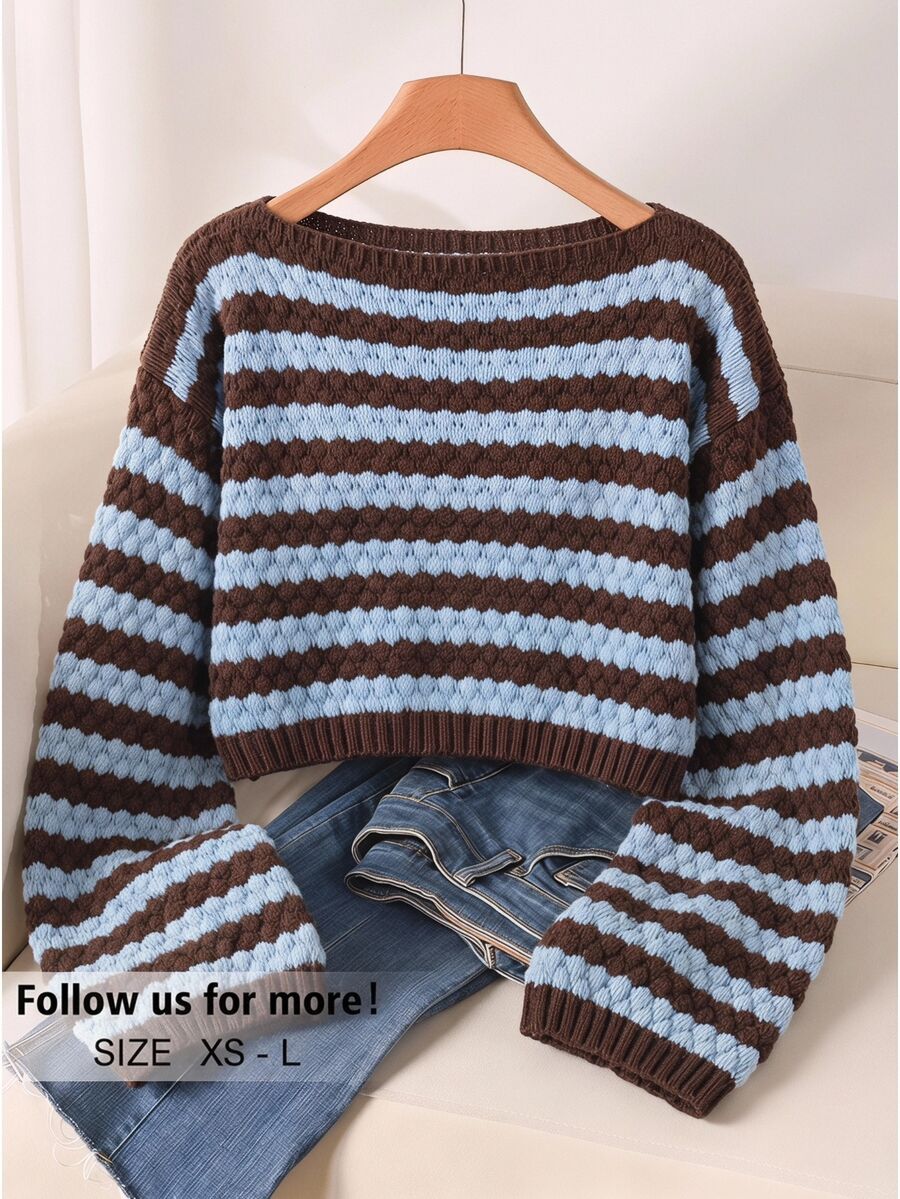 Story & Sage Sweater Kasual Longgar Lengan Panjang Bergaris Model Bahu Jatuh untuk Wanita - Khaki - View 1