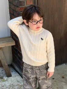Hapijoa 嬰兒/幼兒（男童）圓領麻花編織卡通刺繡長袖純色毛衣 - 白色 - 查看 3
