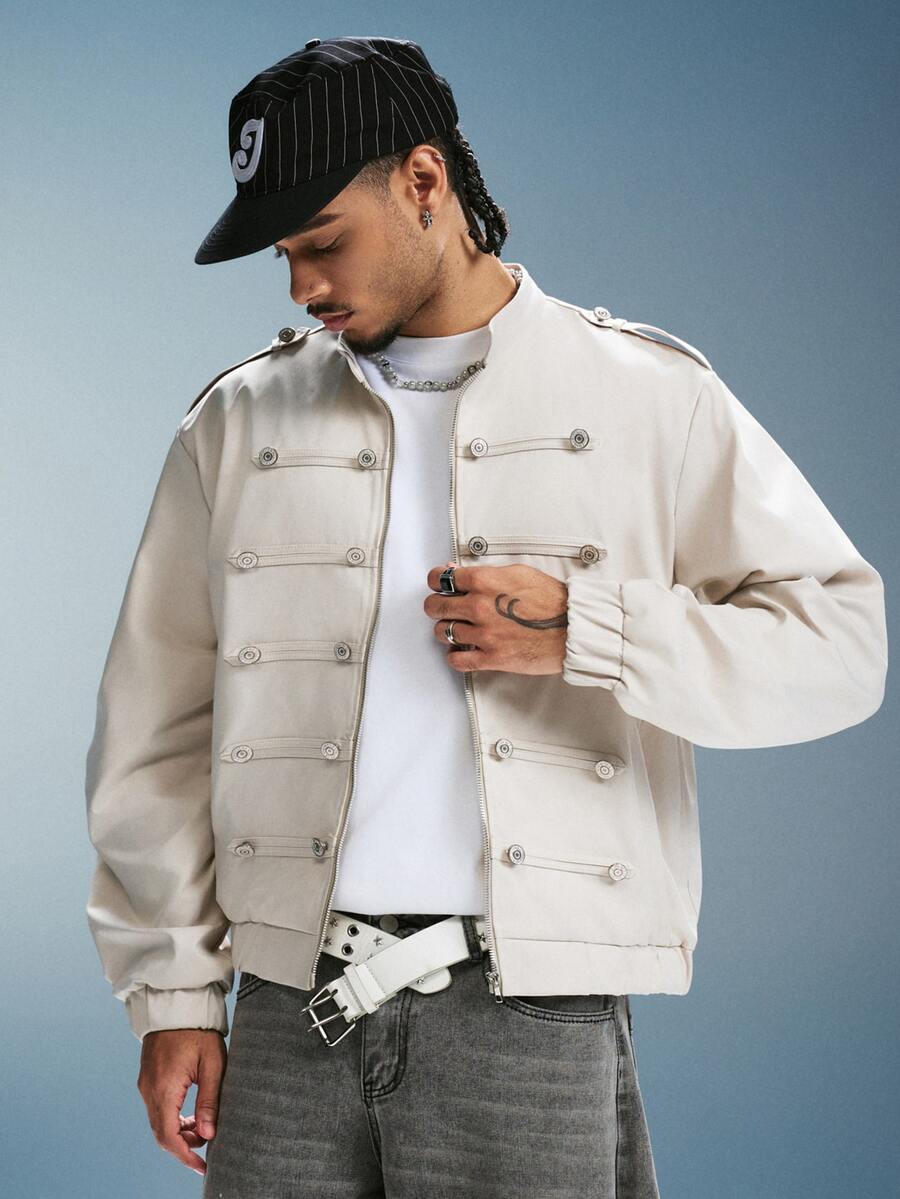 PAVTROS Men's Light Gray Military Officer Jacket With Stand Collar, Multi-Row Metal Button Decor And Strap Design, Shoulder Epaulette Detail, Zip Closure, Short Slim Fit, Vintage Royal Band Uniform Style, Premium Gray Tone, Outerwear For Daily Wear And Layering - Apricot - View 1