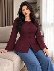 Solavon Plus Button Front Flounce Sleeve Blouse - Burgundy - View 6