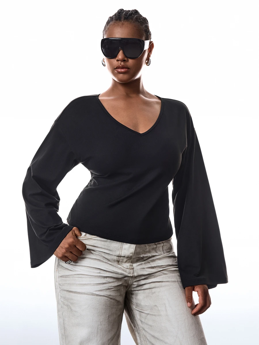 LYSMO Plus Solid V Neck Bell Sleeve Tee - Black - View 1