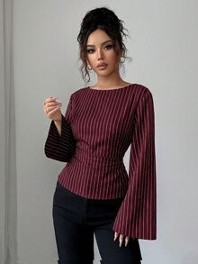 Siren Gaze 女款優雅條紋船領喇叭袖荷葉邊上衣，秋季辦公通勤時尚修身襯衫，商務休閒通勤上衣，酒紅/波爾多紅 - 紅色 - 查看 7