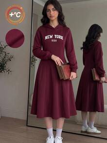 SHEIN 青少年女孩秋冬紅色寬鬆休閒極簡舒適連帽套頭字母印花長洋裝日常穿著 - 紅色 - 查看 6