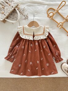SHEIN 女嬰編織拼接色塊荷葉邊刺繡休閒洋裝 - 彩色 - 查看 3