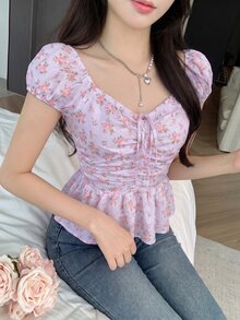 K-Vae 女款春夏休閒韓系碎花收腰泡泡袖通勤百搭設計柔軟短袖襯衫 - 紫丁香色 - 查看 5