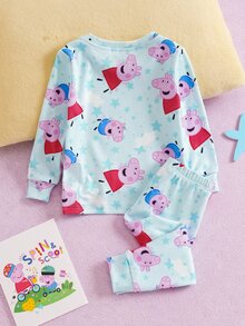 Peppa Pig X SHEIN Baby Girl Round Neck Long Sleeve Top And Long Pants Loungewear Snug Fit - Baby Blue - View 2