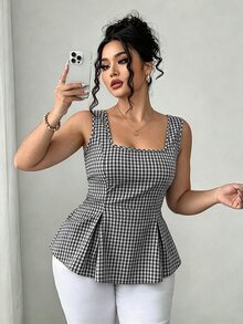 Elenzga 方領法式優雅大尺碼女款 A 字收腰襯衫上衣 - 黑色 - 查看 3