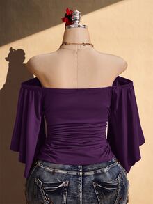 SHEIN ICON 女款大尺碼露肩純色喇叭袖時尚上衣 - 紫色 - 查看 2
