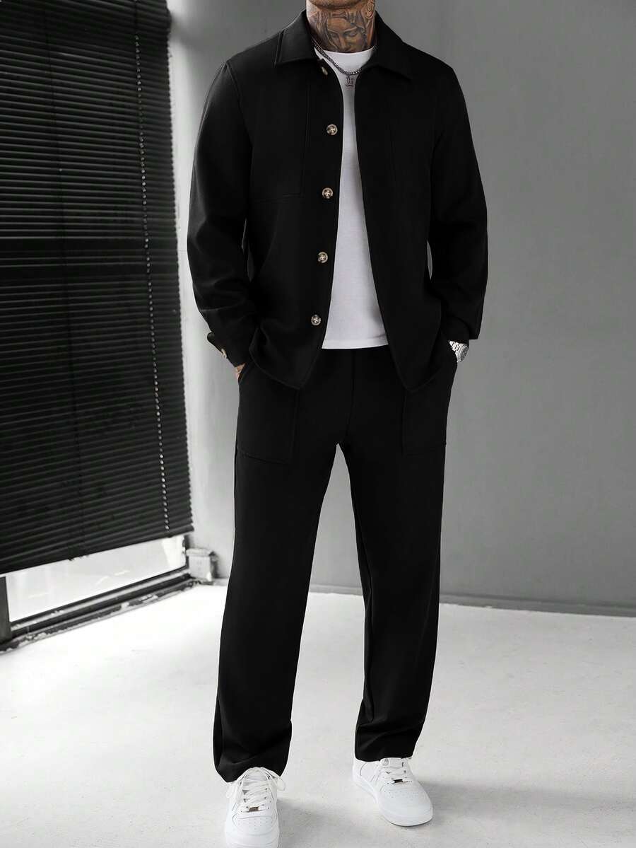Manfinity Homme 男士休閒時尚寬鬆長袖夾克套裝,外出必備,送給家人與朋友的完美禮物,男士兩件式套裝,棕色 - 黑色 - 查看 1