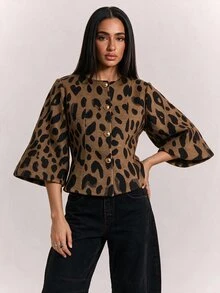 SHEIN BAE Animal Print Wool Fabric, Lantern Puff Sleeve Design, Elegant Fashion Versatile Elegant Jacket - Multicolor - View 1