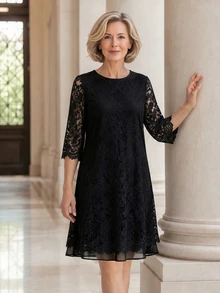 EMERY ROSE Middle-Aged Women's Contrast Lace 3/4 Sleeve Round Neck Elegant Dress - Black - View 6