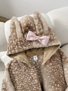 SHEIN Tween女孩休閒可愛毛茸茸鹿色波點外套，可拆卸兔耳朵、蝴蝶結裝飾、連帽、貼袋、前拉鍊、加厚夾克，適合返校季、秋冬外出、日常穿著 - 卡其色 - 查看 5