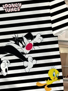 LOONEY TUNES X SHEIN Daypath Men's Letter Striped Short Sleeve T-Shirt, Suitable For Casual Daily Wear - Black and White - View 3