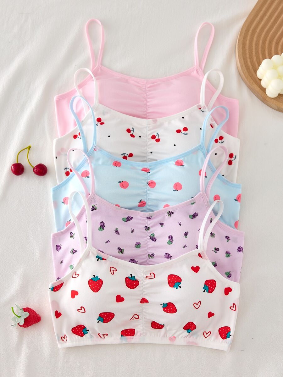 5pcs Women's Teenager Multi-Color Fruit Print Ruched Simple Basic Sweet ...