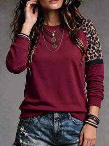 Hansera Sweatshirt Raglan Patchwork Motif Leopard Burgundy Modis untuk Wanita Paruh Baya - MultiWarna - View 4