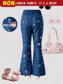 SHEIN 4-7歲女童丹寧風喇叭褲，愛心與鑽石印花設計，甜美可愛風格，春/秋季 - 黑色 - 查看 2