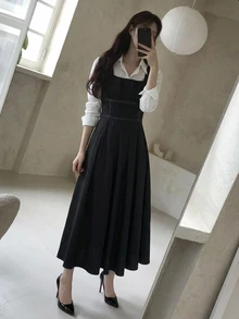 DAZY Women's Pleated Square Neck Casual Sleeveless Midi Dress - Black - View 3