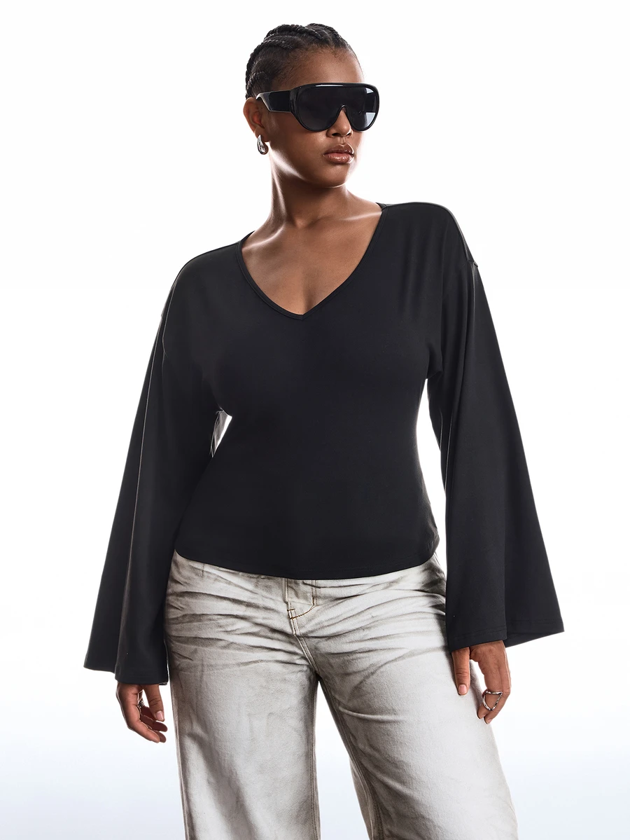 LYSMO Plus Solid V Neck Bell Sleeve Tee - Black - View 1