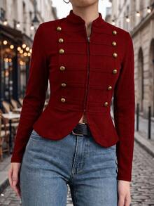 Editum Jaket Napoleon Wanita Lengan Panjang Warna Polos dengan Resleting dan Kancing, Desain Kantor, Cokelat Tua, Musim Gugur, Elegan, Kasual Pintar - Merah - View 10