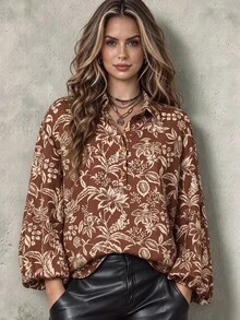 Linhara CURVE Plus Size Plants Allover Print Lantern Sleeve Shirt - Brown - View 5