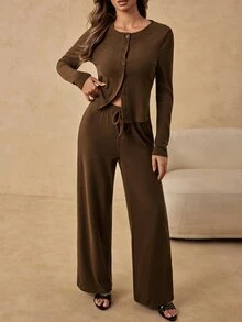 HautHeat طقم ملابس نسائي بلون موحد بأكمام طويلة و بنطال كاجوال للاستخدام اليومي والمنزلي - قهوة بني - مشاهدة 6
