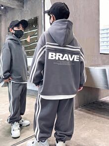 SHEIN 青少年男孩 1件字母圖案對比滾邊落肩寬鬆連帽衛衣 & 1件錐形運動長褲套裝 - 灰色 - 查看 4