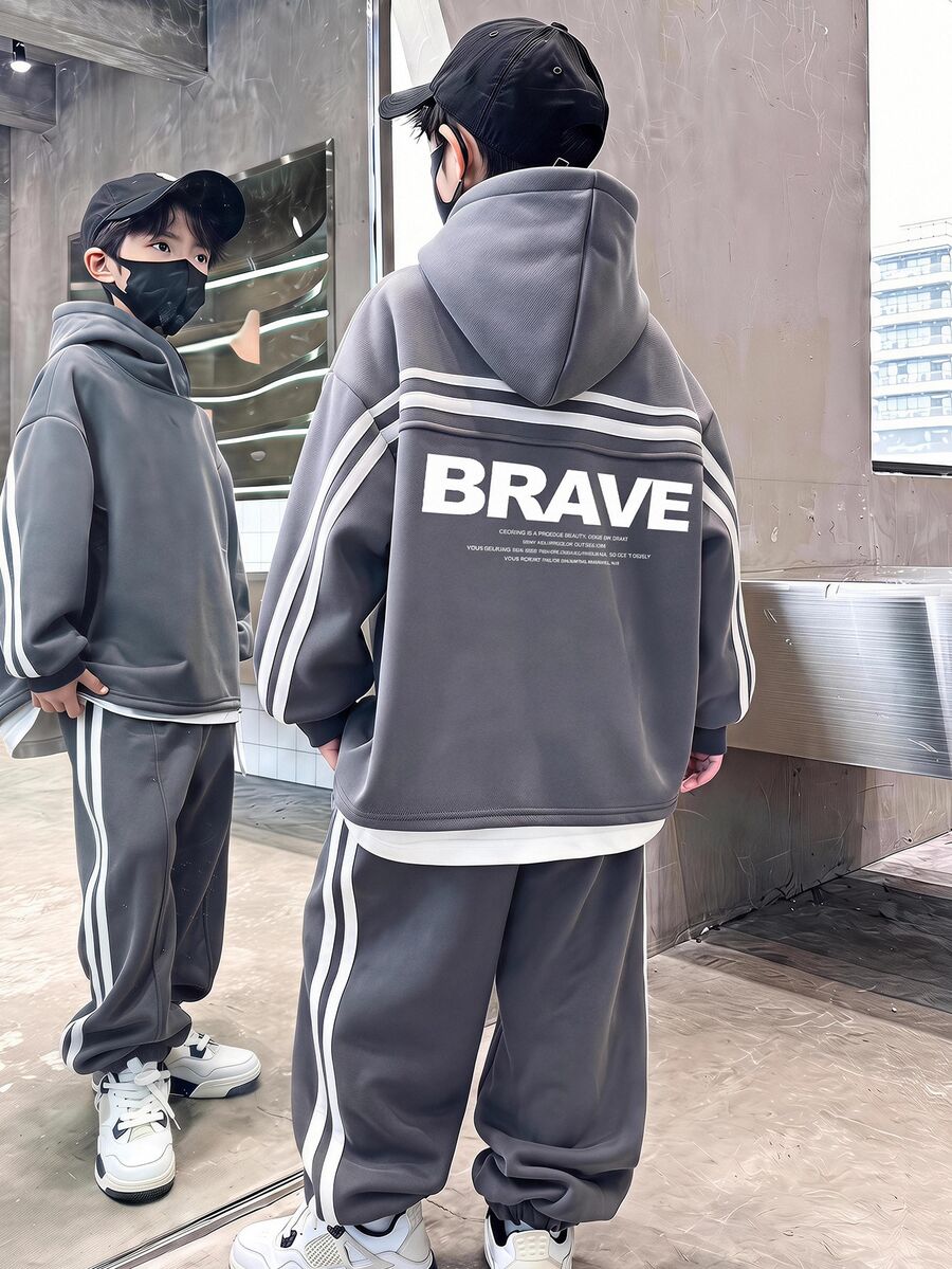 SHEIN Tween Boy 1pc Letter Graphic Contrast Piping Drop Shoulder Oversize Hoodie & 1pc Tapered Sweatpants Set - Grey - View 1
