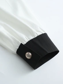 GlowEve Bộ áo thun cổ giả viền tương phản & quần ống đứng - Đen và trắng - Xem 6