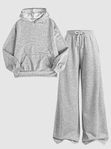 SHEIN 青少年女孩休閒極簡寬鬆軟厚連帽衛衣與寬腿運動褲2件套，附抽繩口袋，適合秋冬日常、街頭風、外出、慵懶休閒、嘻哈、Y2K - 灰色 - 查看 2