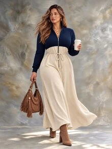 Ceyna Plus Two Tone Cinched Waist Cinched Waist Half Zip Placket Dress Fall - Multicolor - View 4