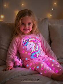 Cozy Pixies Young Girl Reflective Unicorn Print Long Sleeve Tee & Pants PJ Set - Baby Pink - View 9