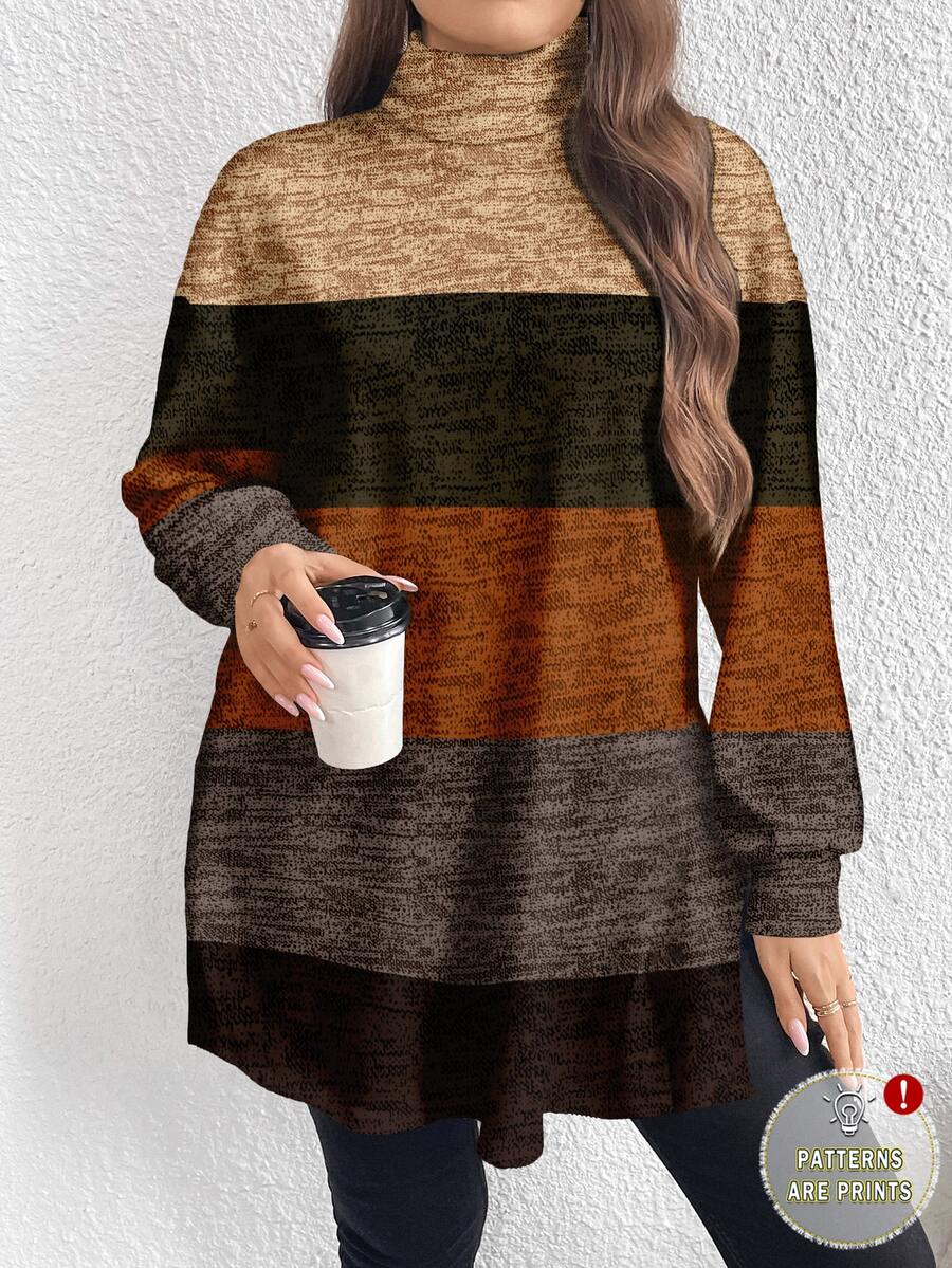 EMERY ROSE Casual Minimalist Contrast Color Striped Pattern Printed Plus Size High Neck Long T-Shirt Spring Autumn - Multicolor - View 1