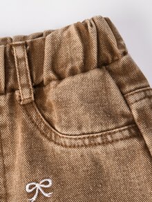 SHEIN 女童彈性腰蝴蝶結刺繡斜口袋牛仔褲 - 卡其色 - 查看 7