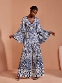 JIAN LASALA Knit V Neckline Ruched Bustier Double Layers Ruffle Long Sleeve Long Dress Elegant Vacation - Blue - View 5