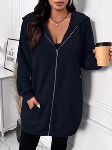 SHEIN LUNE 大尺碼女款連帽拉鍊長袖休閒運動衫，黑色拉鍊夾克 8XL 上衣，秋冬款 - 藏蓝色 - 查看 4
