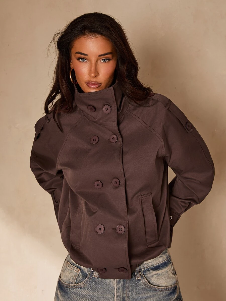 Glamine Double Breasted Raglan Sleeve Trench Coat - Brown - View 1