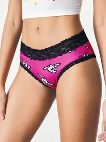 THE POWERPUFF GIRLS X SHEIN Women's Lace Patchwork Cartoon Print Casual Daily Triangle Panties - Hot Pink - View 3