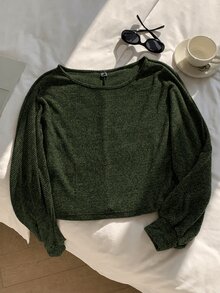 SHEIN EZwear 燈籠袖混色針織毛衣，秋冬款針織毛衣 - 軍綠色 - 查看 3