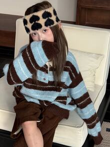 Hapijoa Sweater Lengan Panjang Kasual Harian Motif Blok Warna untuk Anak Perempuan Remaja - Coklat - View 4