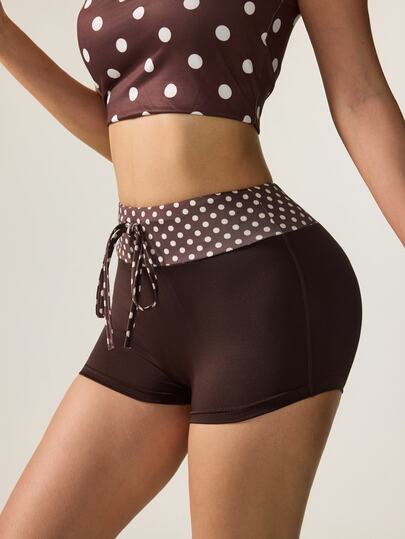 FavEase Polka Dot Folded Waist Drawstring Cycling Shorts, Contrast Color High Elastic Fitness Sports Shorts