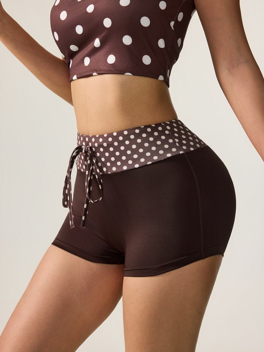 FavEase Polka Dot Folded Waist Drawstring Cycling Shorts, Contrast Color High Elastic Fitness Sports Shorts - Multicolor - View 1