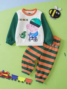 Peppa Pig X SHEIN Baby Boy Crew Neck Long Sleeve Sweatshirt And Striped Pants Set Peppa Pig - Green - View 1