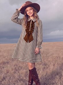 SHEIN Tween Girl 紅色燈芯絨荷葉邊抓褶腰 A 字蝴蝶結洋裝 - 棕色 - 查看 1
