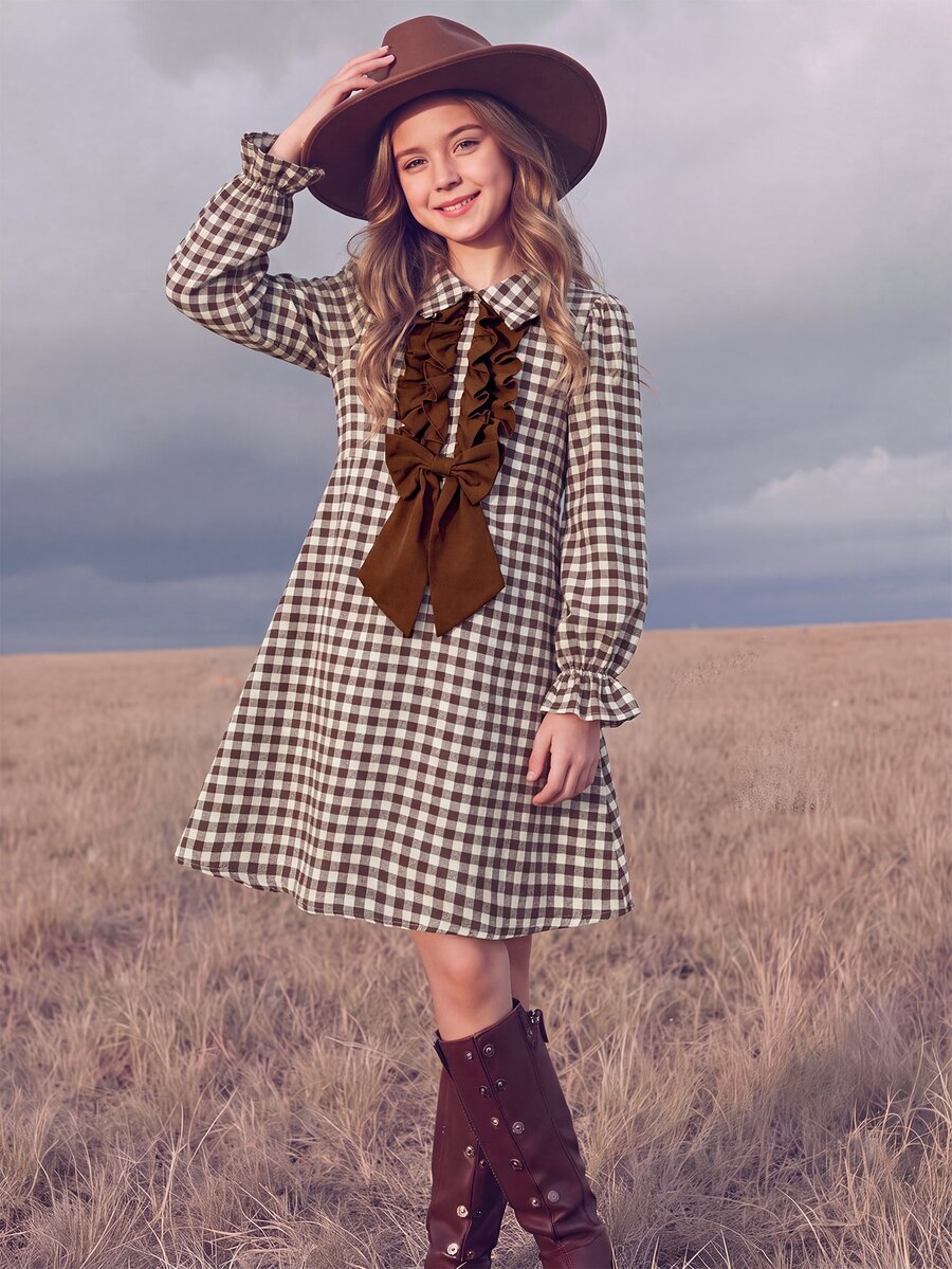 SHEIN Tween Girl 紅色燈芯絨荷葉邊抓褶腰 A 字蝴蝶結洋裝 - 棕色 - 查看 1