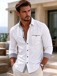 Manfinity Mode Men Polka Dot Contrast Trim Pocket Patched Shirt - White - View 6