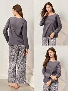 LUVLETTE Fall Gray Cotton Pajamas Contrast Color Wide Leg Drawstring Soft Round Neck Long Sleeve Pajama Set Now Trending Cozy Women Sleepwear Homewear Graphic - Grey - View 3