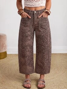 SHEIN PETITE 女款動物印花口袋設計寬鬆休閒牛仔褲 - 摩卡棕 - 查看 3