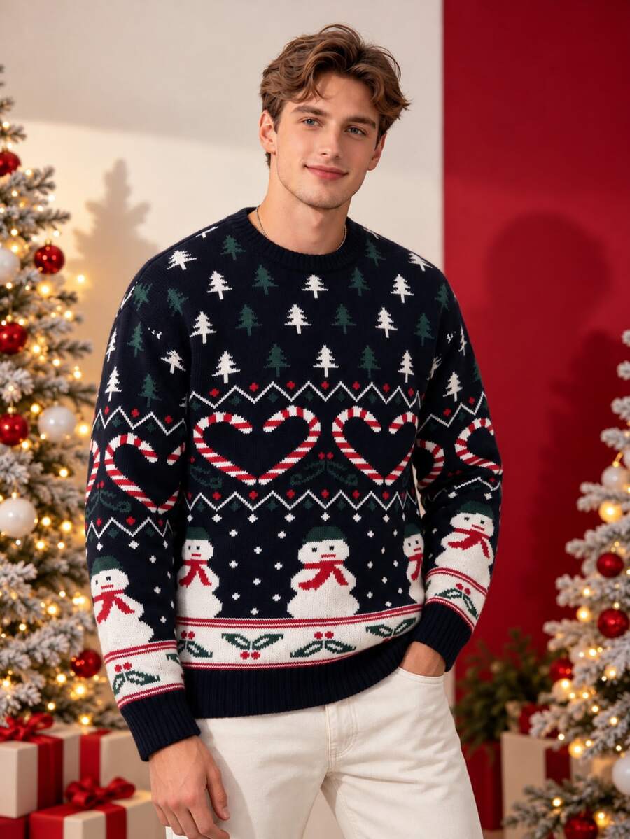 Manfinity Homme 男士秋冬聖誕雪人圓領長袖休閒寬鬆毛衣 - 彩色 - 查看 1