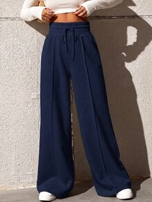 SHEIN Tall CURVE 大尺碼女款休閒寬鬆直筒長褲 秋季 - Infinite Blue - 查看 6